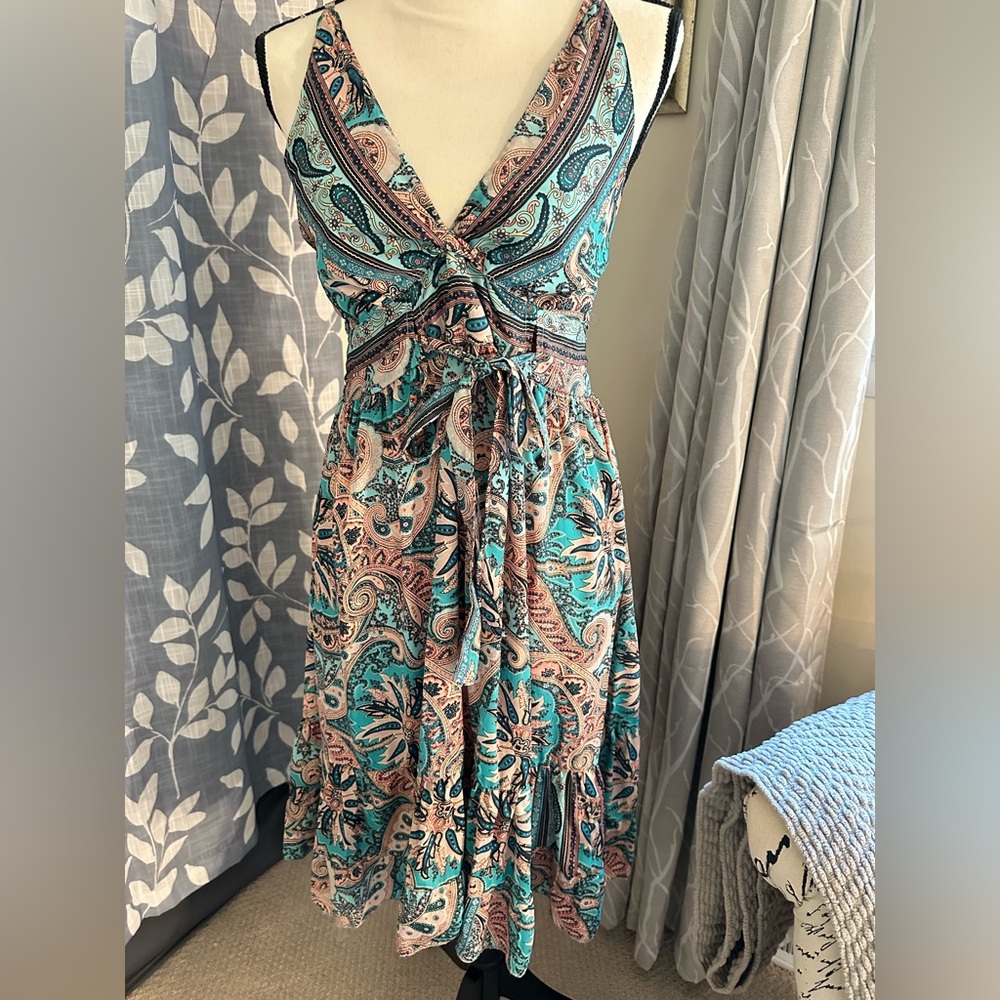 Elegant Paisley Midi Dress in Teal and Peach